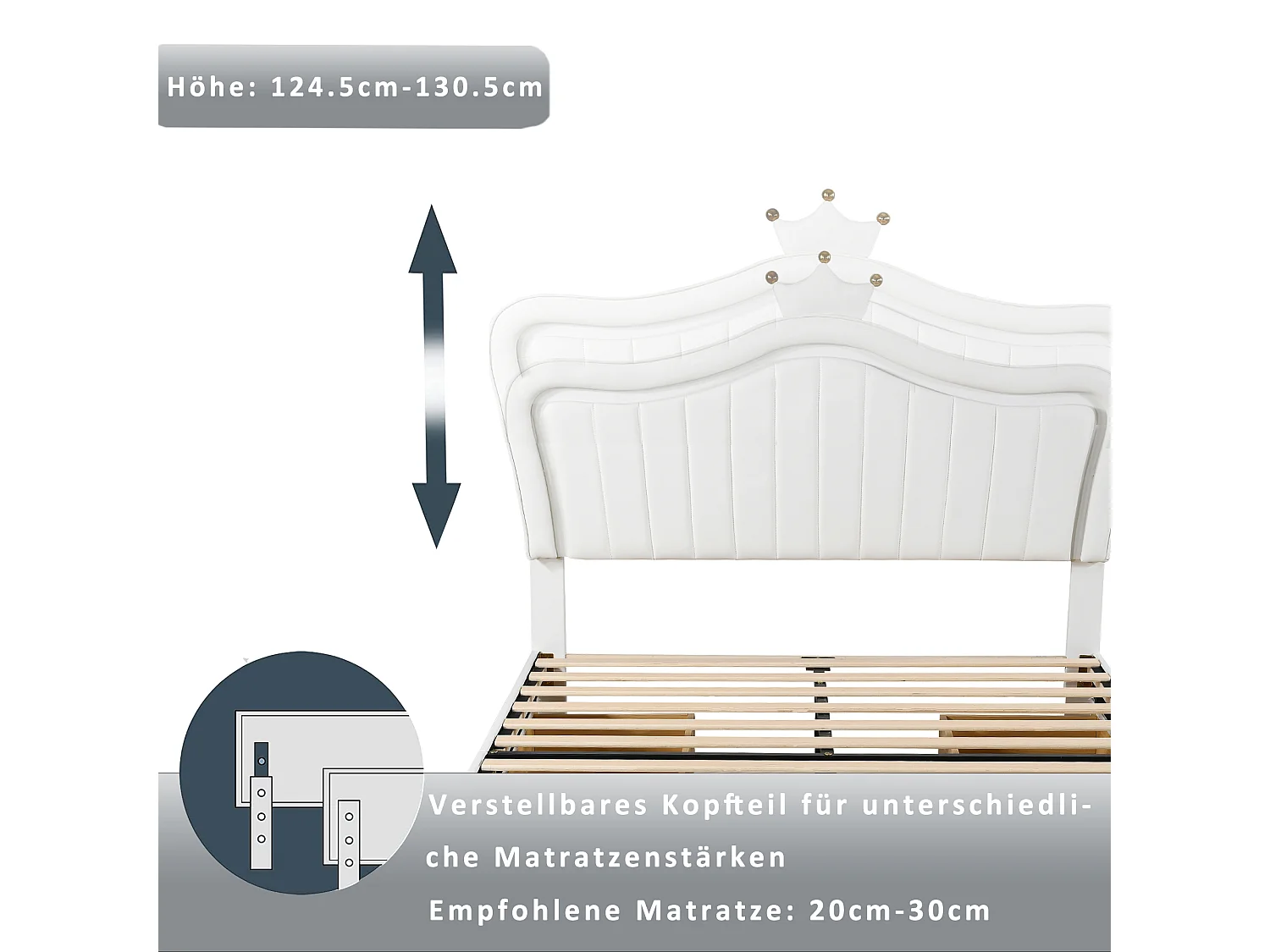 Meisjesbed 140x200 cm in wit imitatieleer met LED-verlichting – Crown hoofdbord, geïntegreerde opberglades