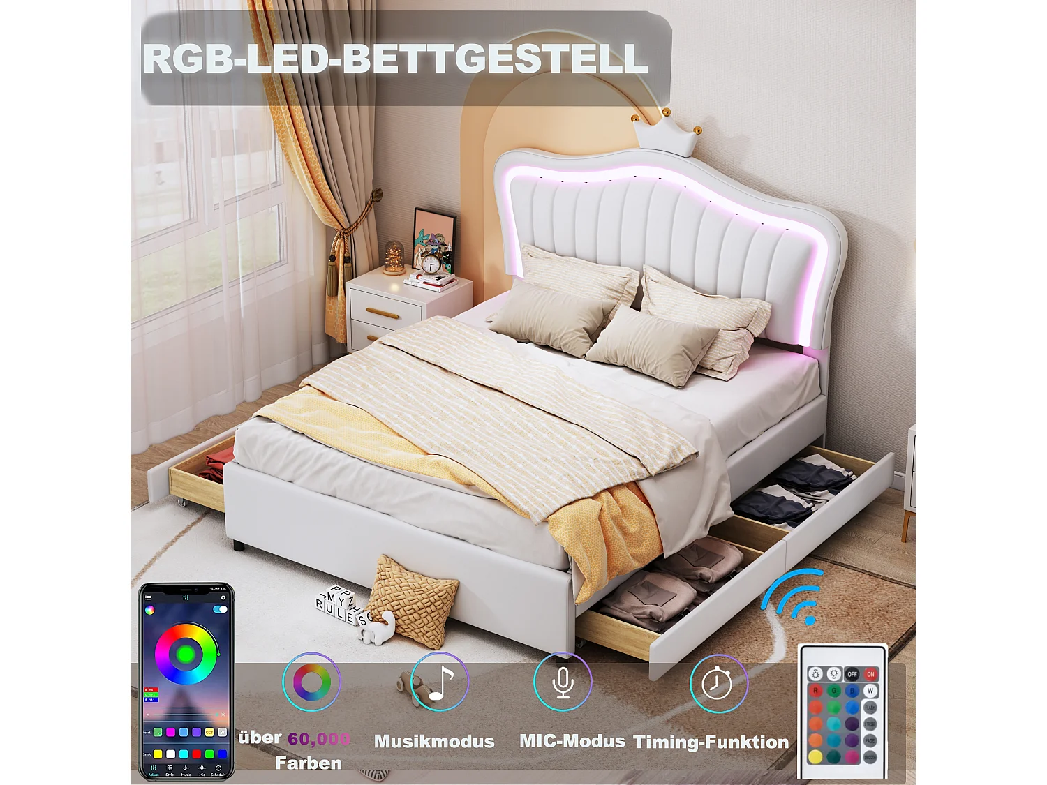 Meisjesbed 140x200 cm in wit imitatieleer met LED-verlichting – Crown hoofdbord, geïntegreerde opberglades