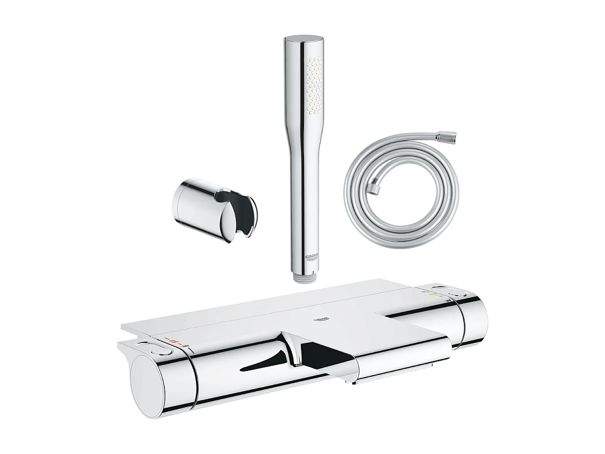 Pack mitigeur bain thermostatique GROHE Grohtherm 2000 + Douchette 1 jet Vitalio Get Stick + Flexible et support de douche