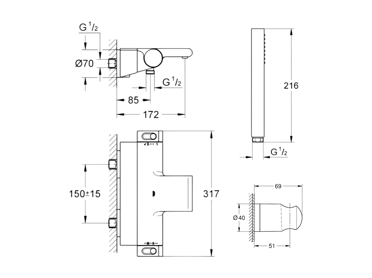 Pack mitigeur bain thermostatique GROHE Grohtherm 2000 + Douchette 1 jet Vitalio Get Stick + Flexible et support de douche