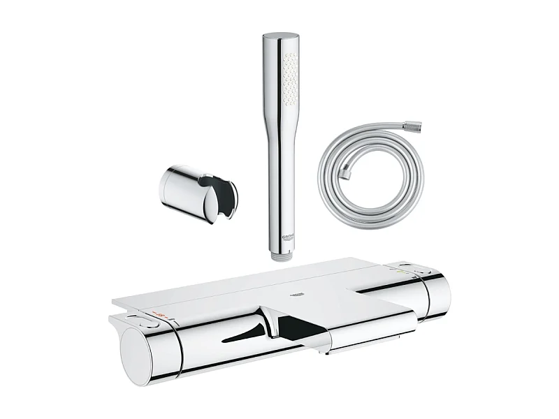 Pack mitigeur bain thermostatique GROHE Grohtherm 2000 + Douchette 1 jet Vitalio Get Stick + Flexible et support de douche