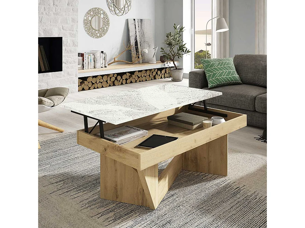 Couchtisch in Wildeichefarben und Hellgrau hochklappbarer Tischplatte