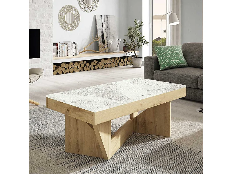 Couchtisch in Wildeichefarben und Hellgrau hochklappbarer Tischplatte