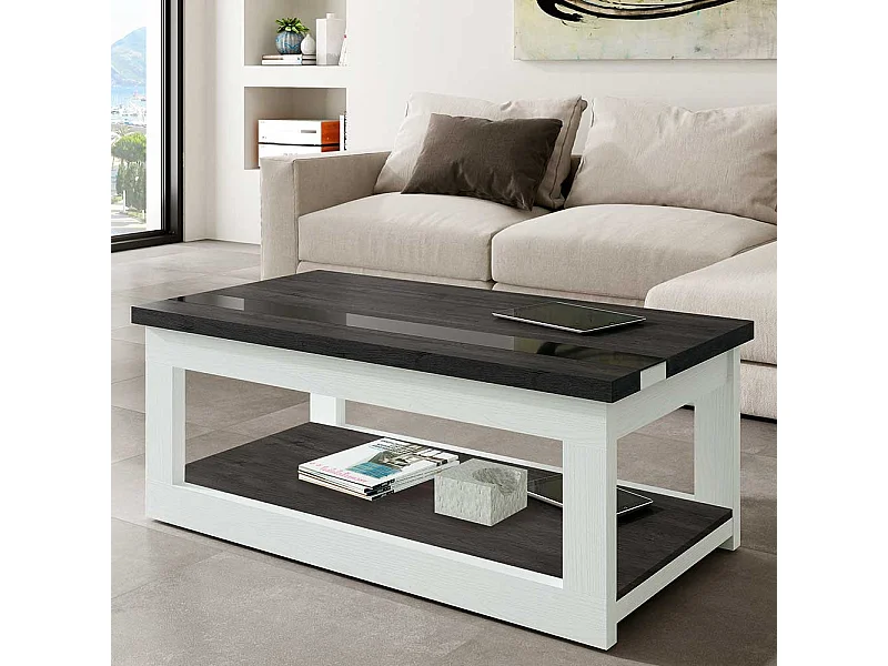 Couchtisch in Schwarzgrau und Weiß hochklappbarer Tischplatte