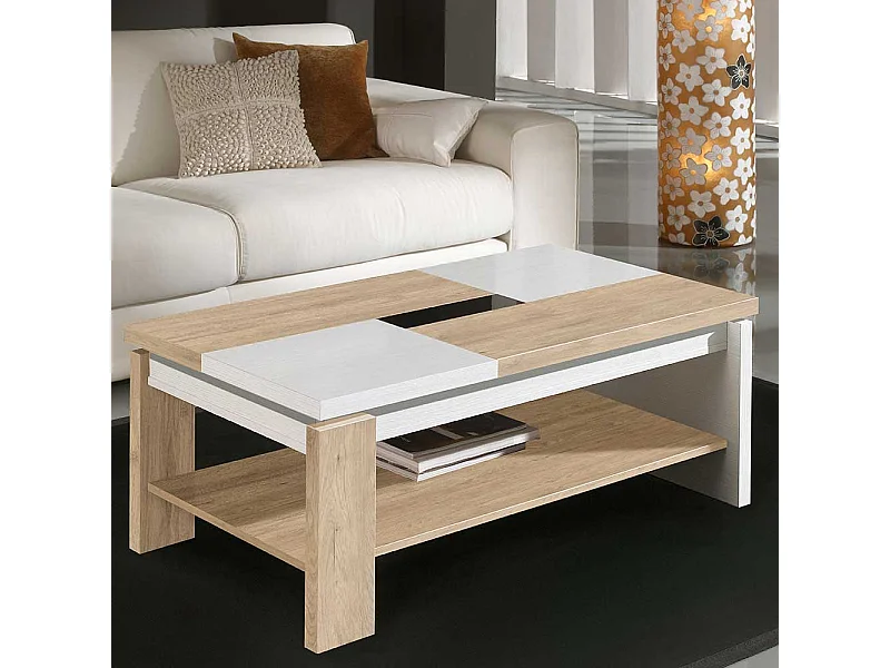 Couchtisch in Weiß und Eiche Bianco hochklappbarer Tischplatte