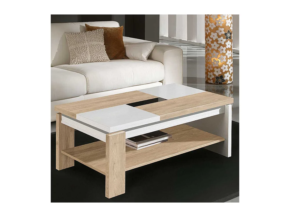 Couchtisch in Weiß und Eiche Bianco hochklappbarer Tischplatte