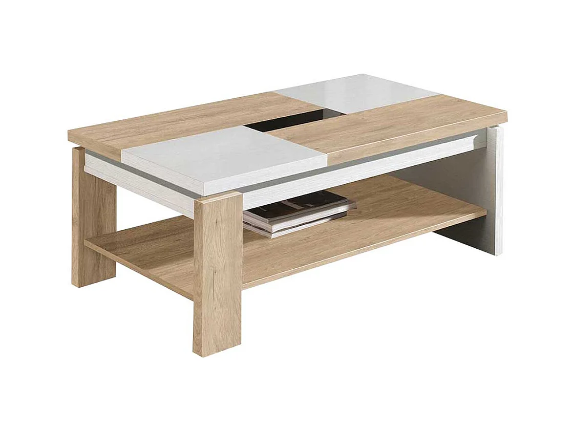 Couchtisch in Weiß und Eiche Bianco hochklappbarer Tischplatte