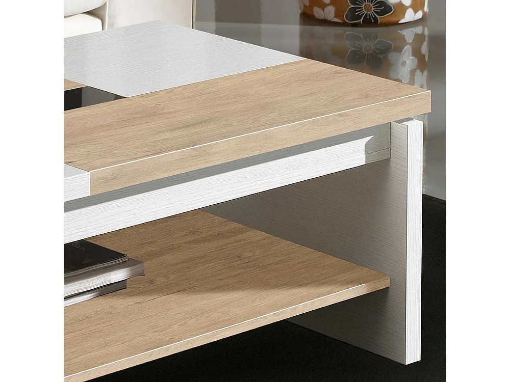 Couchtisch in Weiß und Eiche Bianco hochklappbarer Tischplatte