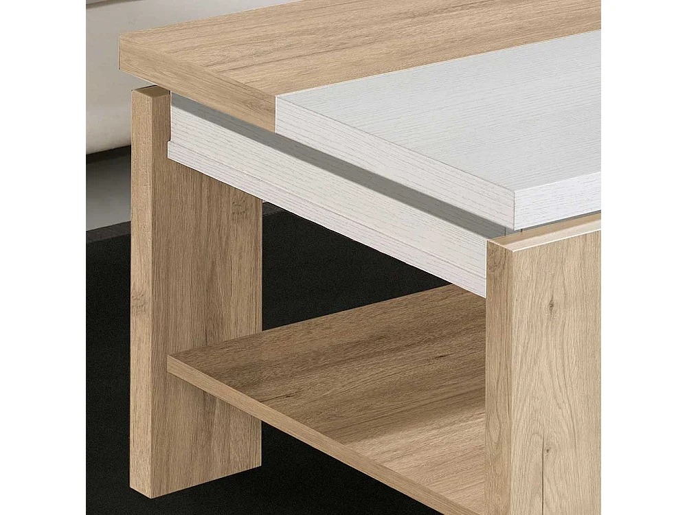 Couchtisch in Weiß und Eiche Bianco hochklappbarer Tischplatte