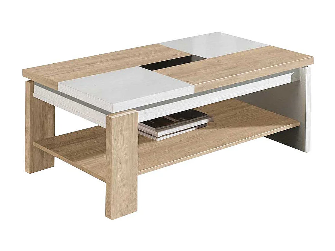 Couchtisch in Weiß und Eiche Bianco hochklappbarer Tischplatte