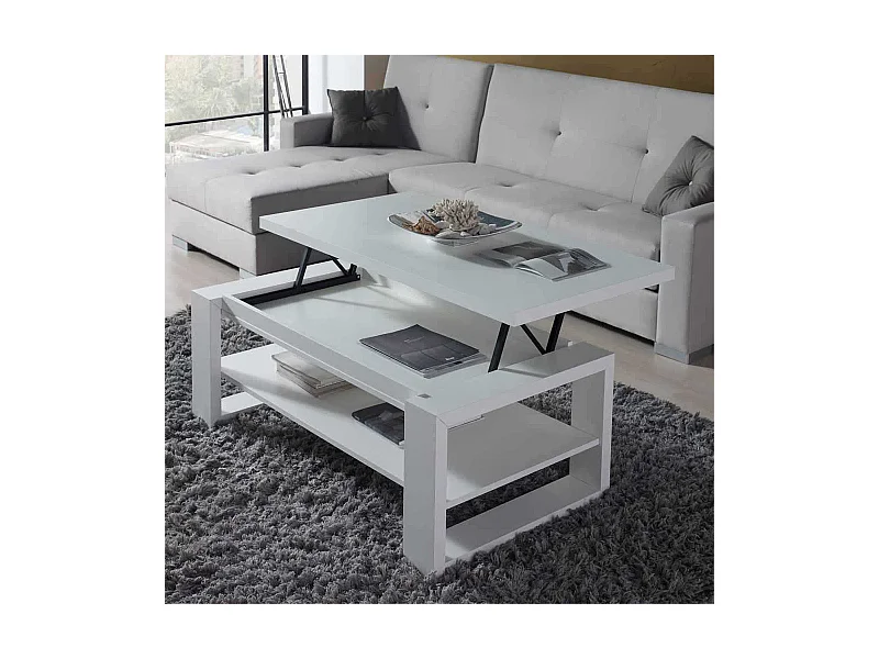 Stauraum Couchtisch in Weiß Tischplatte hochklappbar