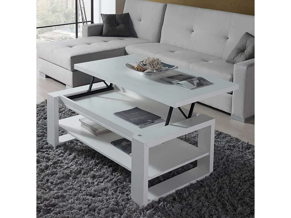 Stauraum Couchtisch in Weiß Tischplatte hochklappbar