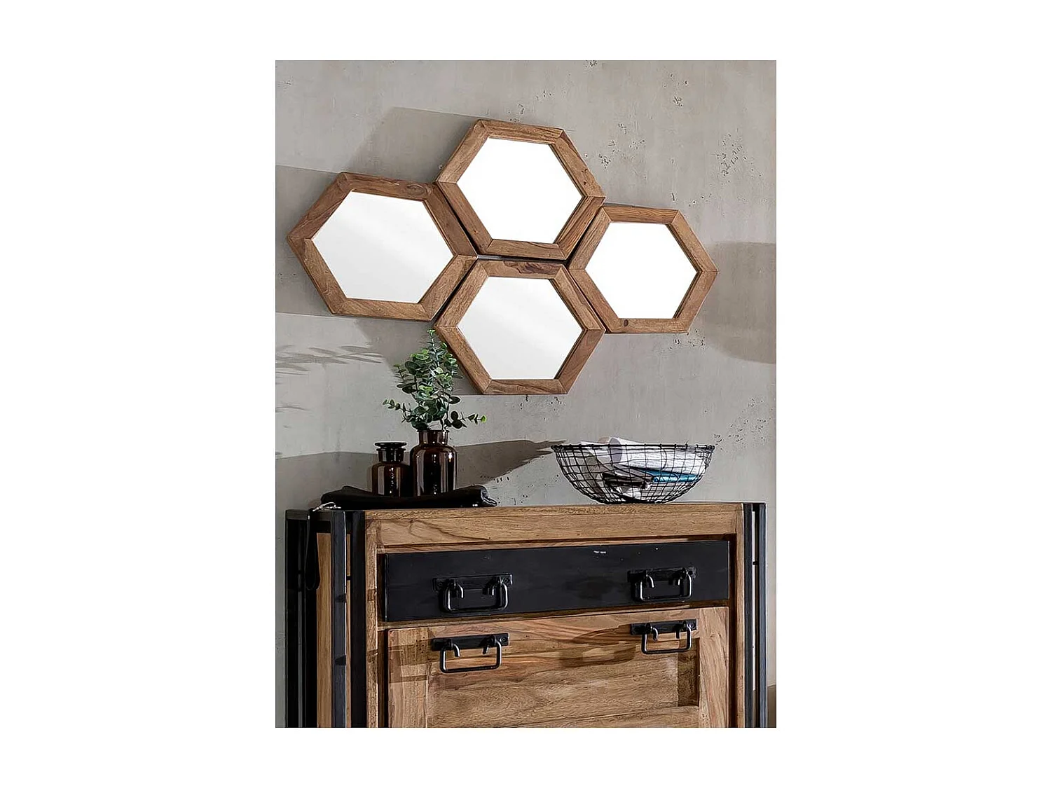 Garderobenspiegel in Akaziefarben sechseckiger Form