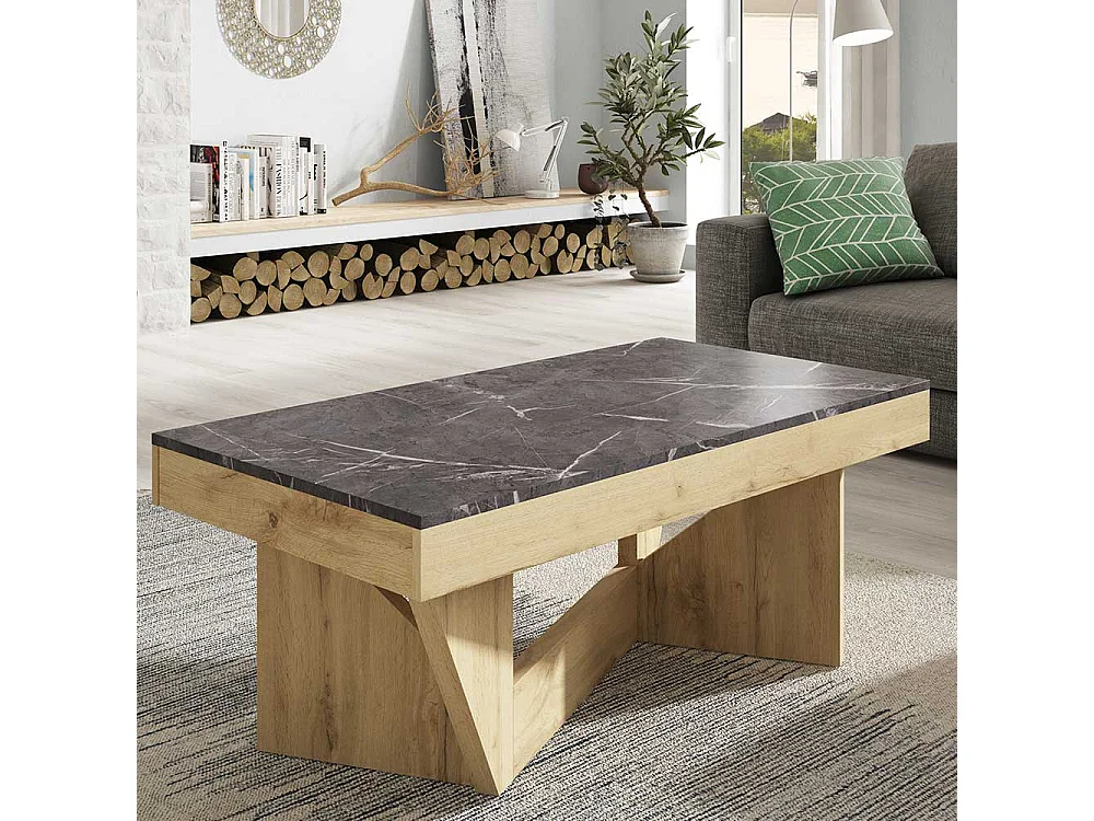 Salontisch in Dunkelgrau und Wildeiche Optik hochklappbarer Tischplatte