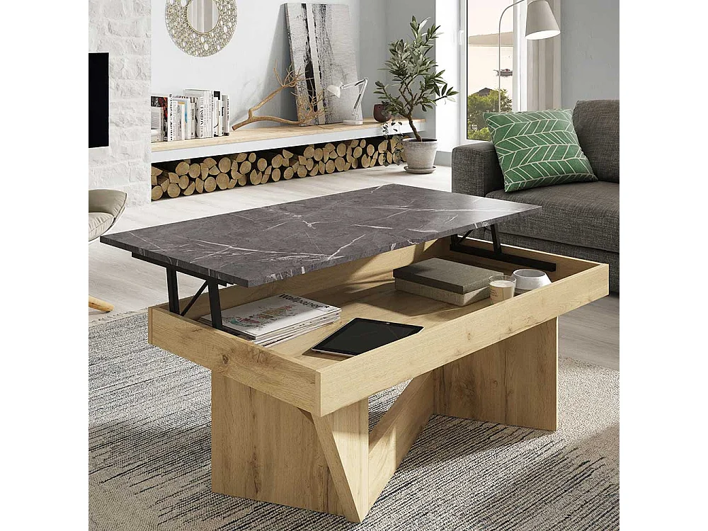 Salontisch in Dunkelgrau und Wildeiche Optik hochklappbarer Tischplatte