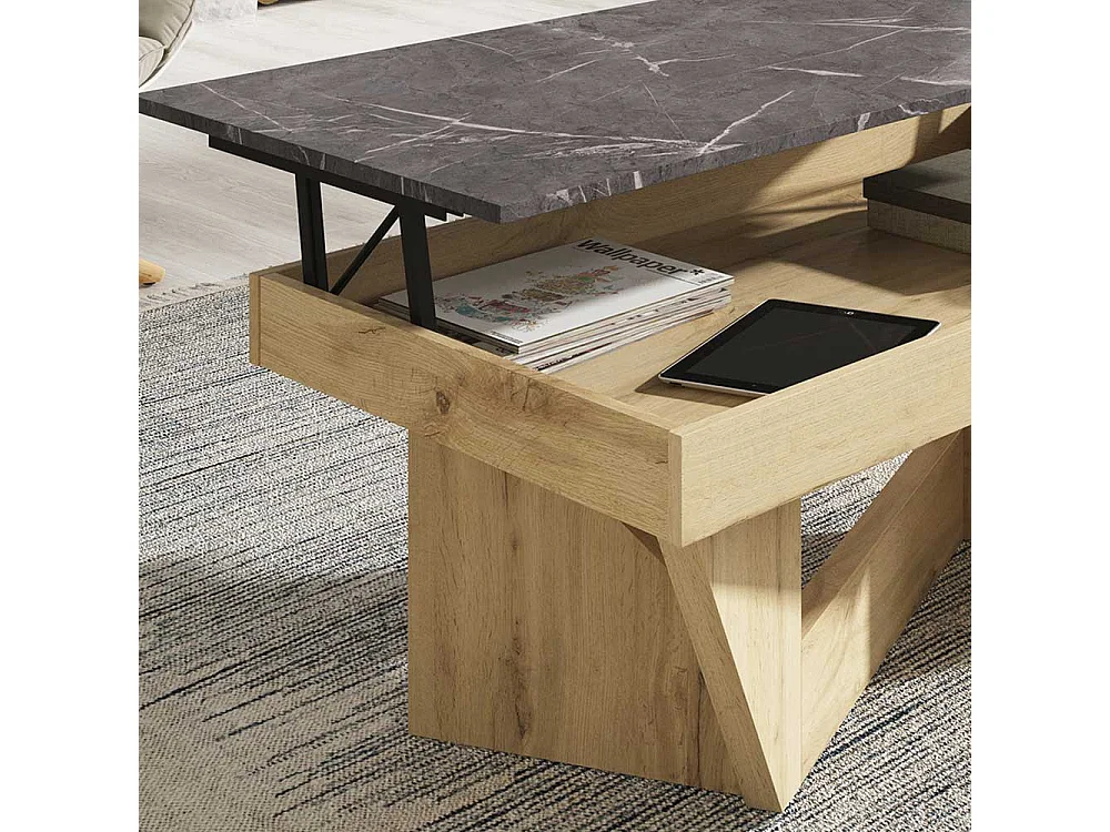 Salontisch in Dunkelgrau und Wildeiche Optik hochklappbarer Tischplatte