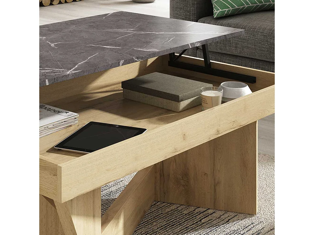 Salontisch in Dunkelgrau und Wildeiche Optik hochklappbarer Tischplatte
