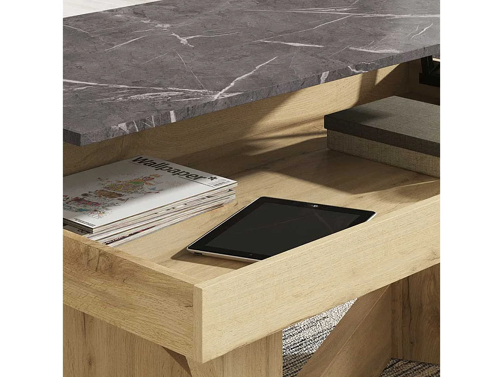 Salontisch in Dunkelgrau und Wildeiche Optik hochklappbarer Tischplatte