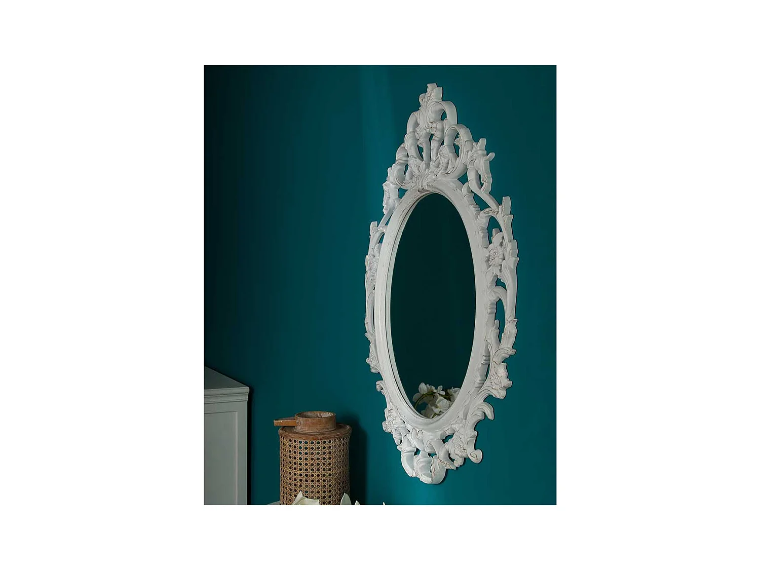 Ovaler Barock Spiegel mit Kunststoffrahmen Weiß und Goldfarben gewischt