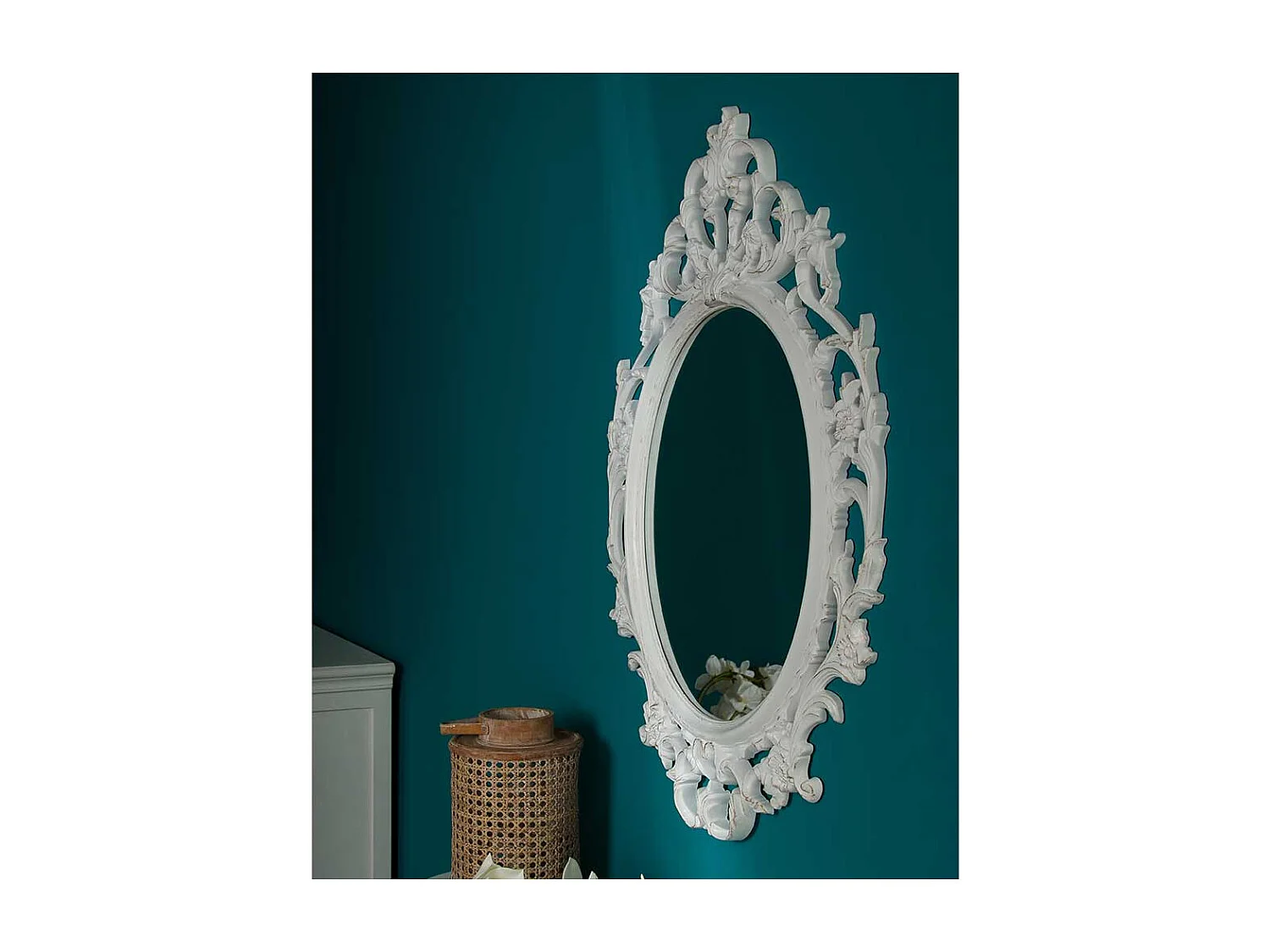 Ovaler Barock Spiegel mit Kunststoffrahmen Weiß und Goldfarben gewischt