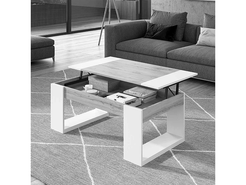 Sofatisch in Schwarzgrau und Weiß hochklappbarer Tischplatte