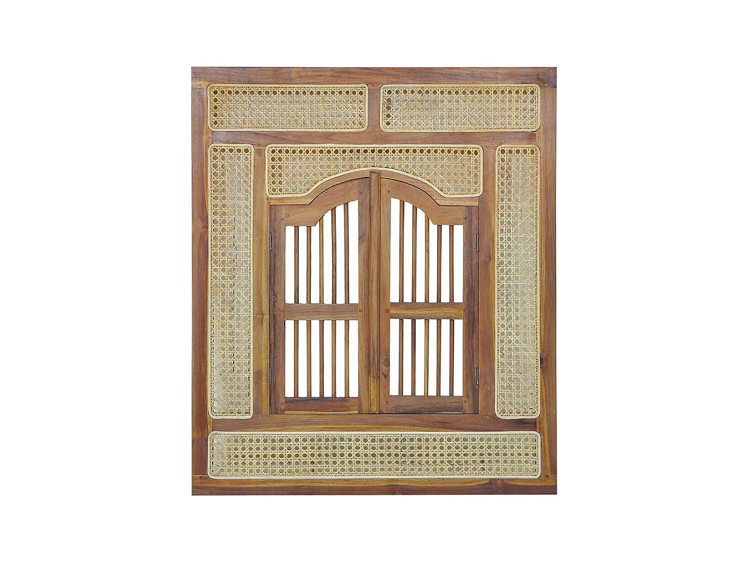Spiegel mit Fenster aus Teak Massivholz Rattan Geflecht