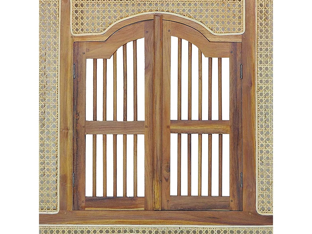 Spiegel mit Fenster aus Teak Massivholz Rattan Geflecht