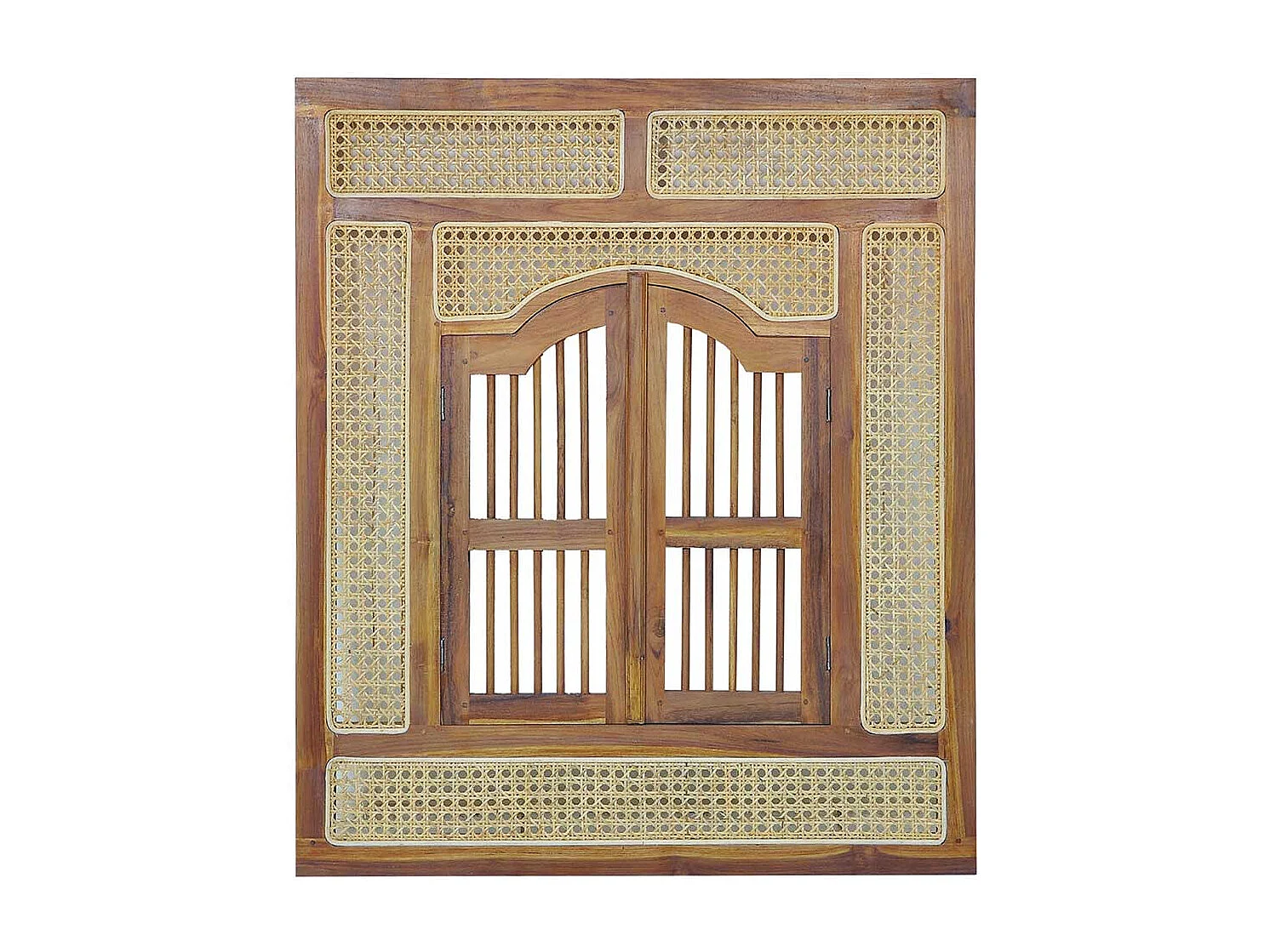 Spiegel mit Fenster aus Teak Massivholz Rattan Geflecht