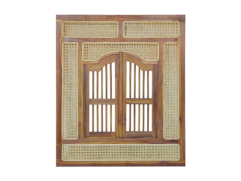 Spiegel mit Fenster aus Teak Massivholz Rattan Geflecht