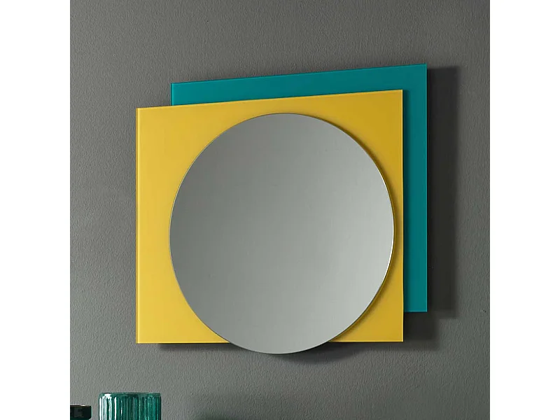 Designerspiegel in Türkis und Gelb rund