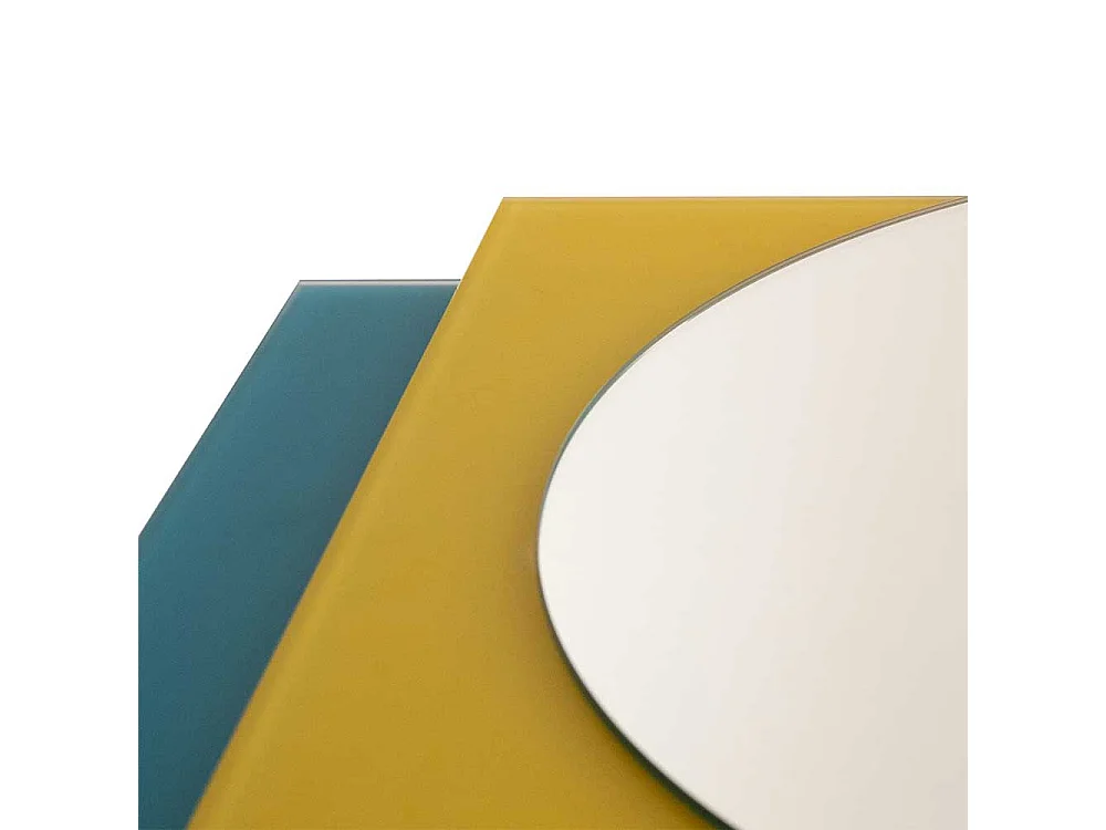 Designerspiegel in Türkis und Gelb rund