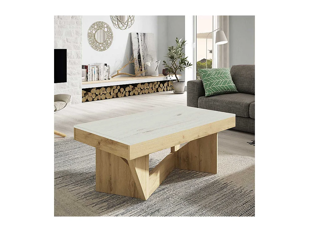 Designercouchtisch in Wildeichefarben und Creme Weiß hochklappbarer Tischplatte