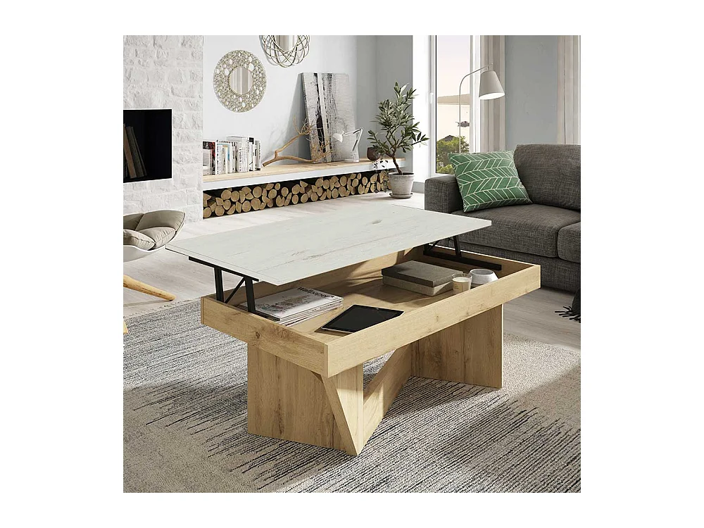 Designercouchtisch in Wildeichefarben und Creme Weiß hochklappbarer Tischplatte