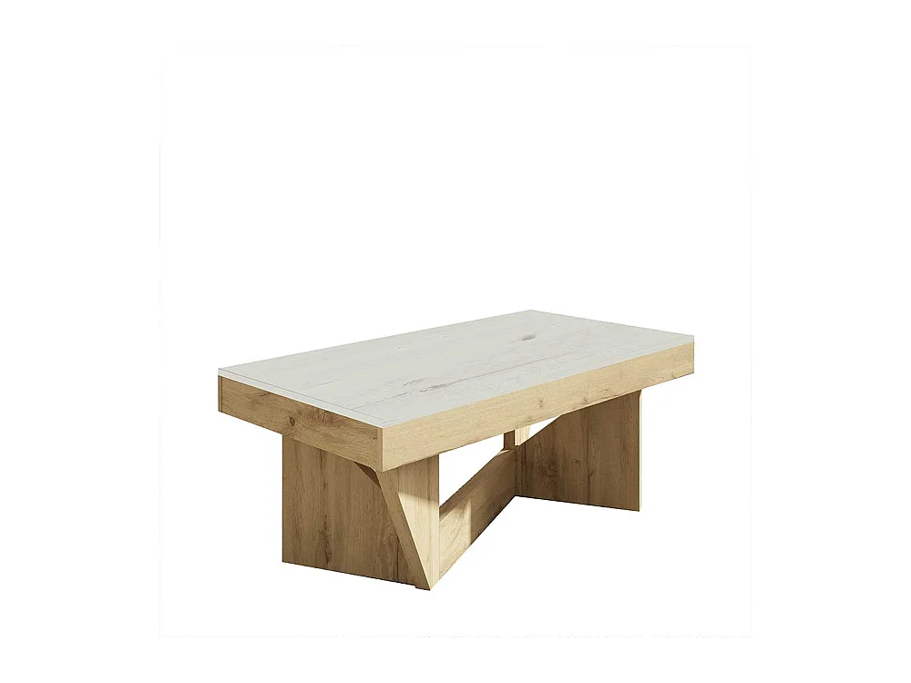 Designercouchtisch in Wildeichefarben und Creme Weiß hochklappbarer Tischplatte