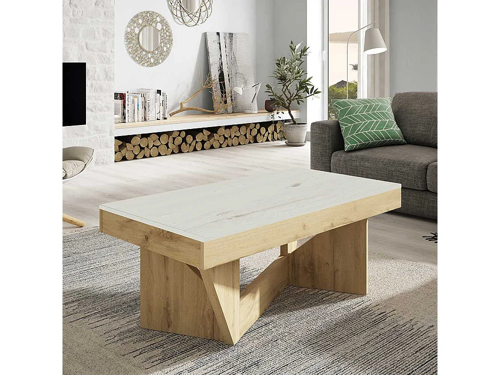 Designercouchtisch in Wildeichefarben und Creme Weiß hochklappbarer Tischplatte