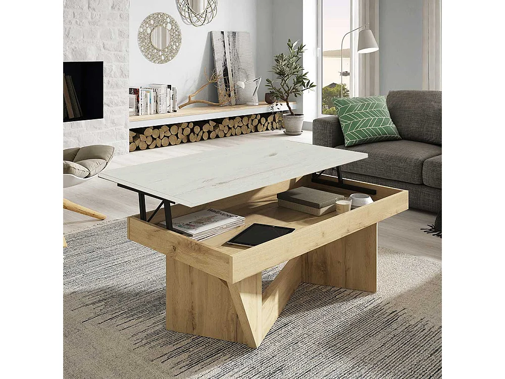 Designercouchtisch in Wildeichefarben und Creme Weiß hochklappbarer Tischplatte