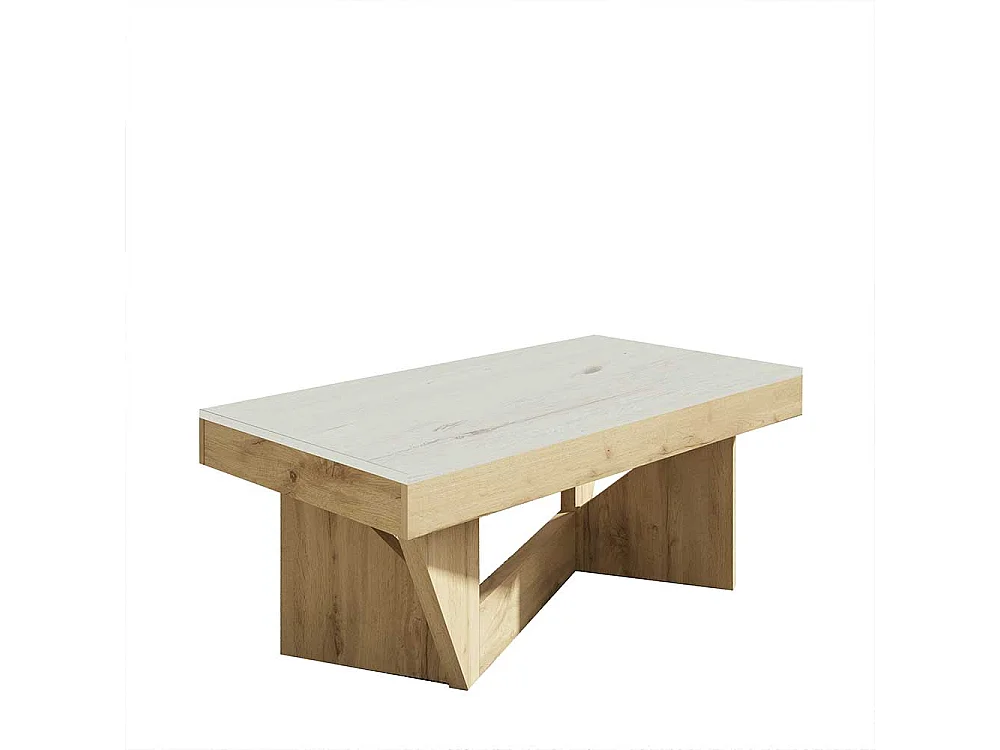 Designercouchtisch in Wildeichefarben und Creme Weiß hochklappbarer Tischplatte