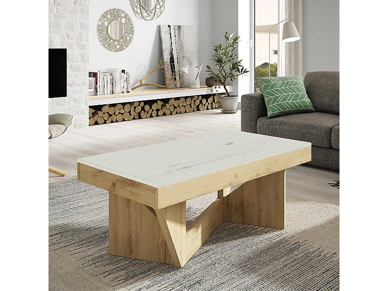 Designercouchtisch in Wildeichefarben und Creme Weiß hochklappbarer Tischplatte