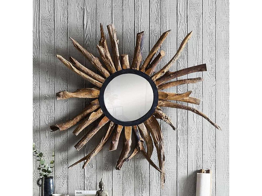 Rustikaler Spiegel aus Suar Massivholz 90 cm breit