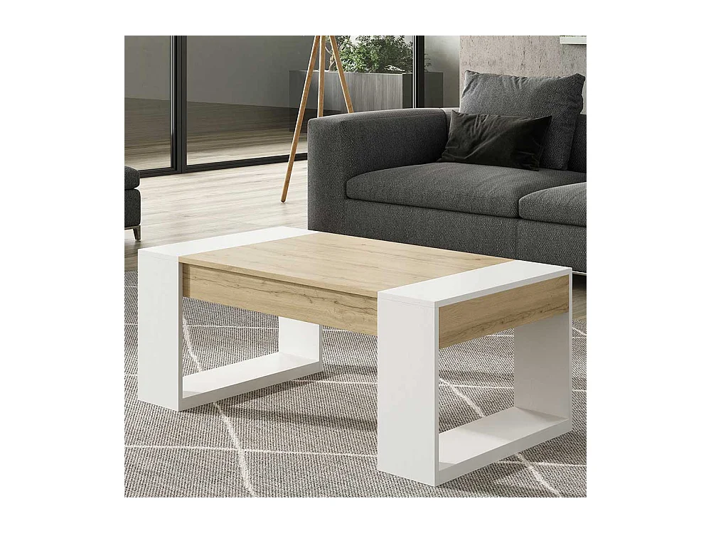 Sofa Tisch in Weiß und Wildeiche Optik hochklappbarer Tischplatte