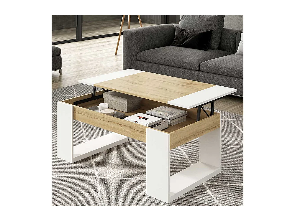 Sofa Tisch in Weiß und Wildeiche Optik hochklappbarer Tischplatte