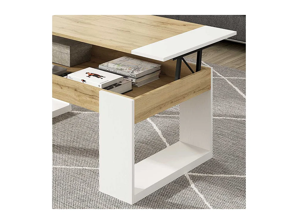 Sofa Tisch in Weiß und Wildeiche Optik hochklappbarer Tischplatte