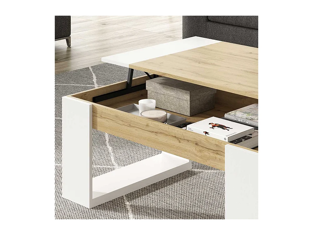 Sofa Tisch in Weiß und Wildeiche Optik hochklappbarer Tischplatte