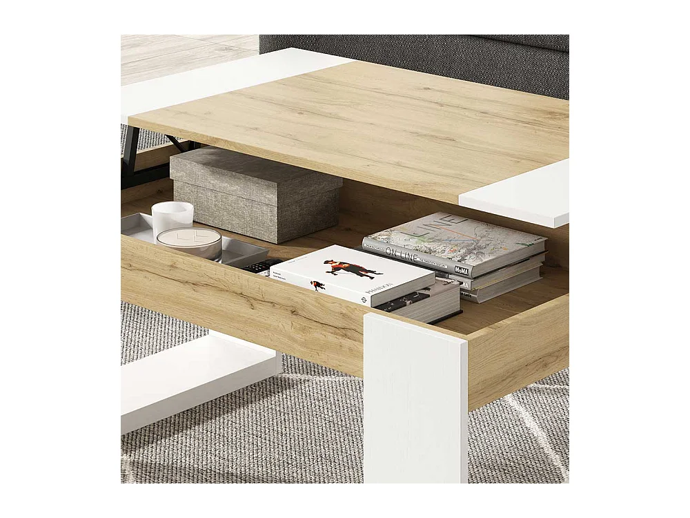 Sofa Tisch in Weiß und Wildeiche Optik hochklappbarer Tischplatte