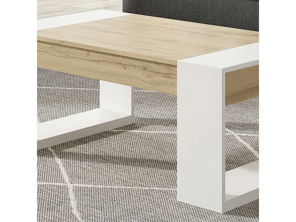 Sofa Tisch in Weiß und Wildeiche Optik hochklappbarer Tischplatte