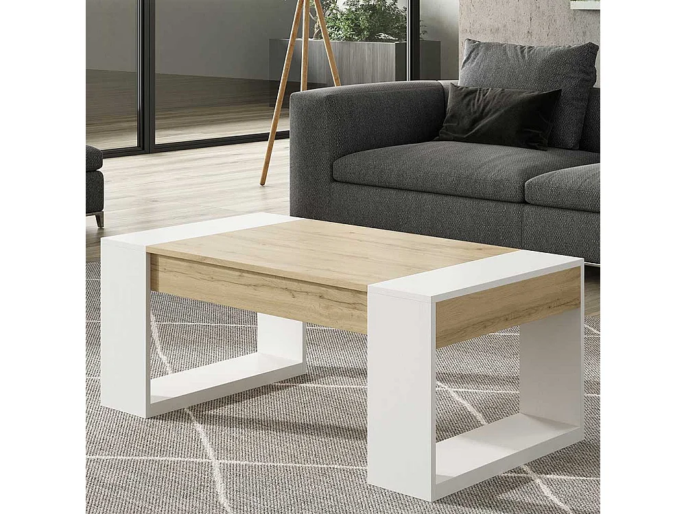 Sofa Tisch in Weiß und Wildeiche Optik hochklappbarer Tischplatte