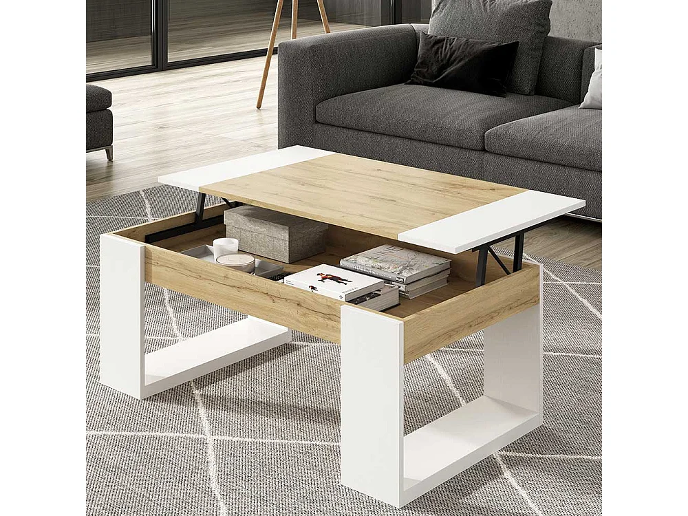 Sofa Tisch in Weiß und Wildeiche Optik hochklappbarer Tischplatte