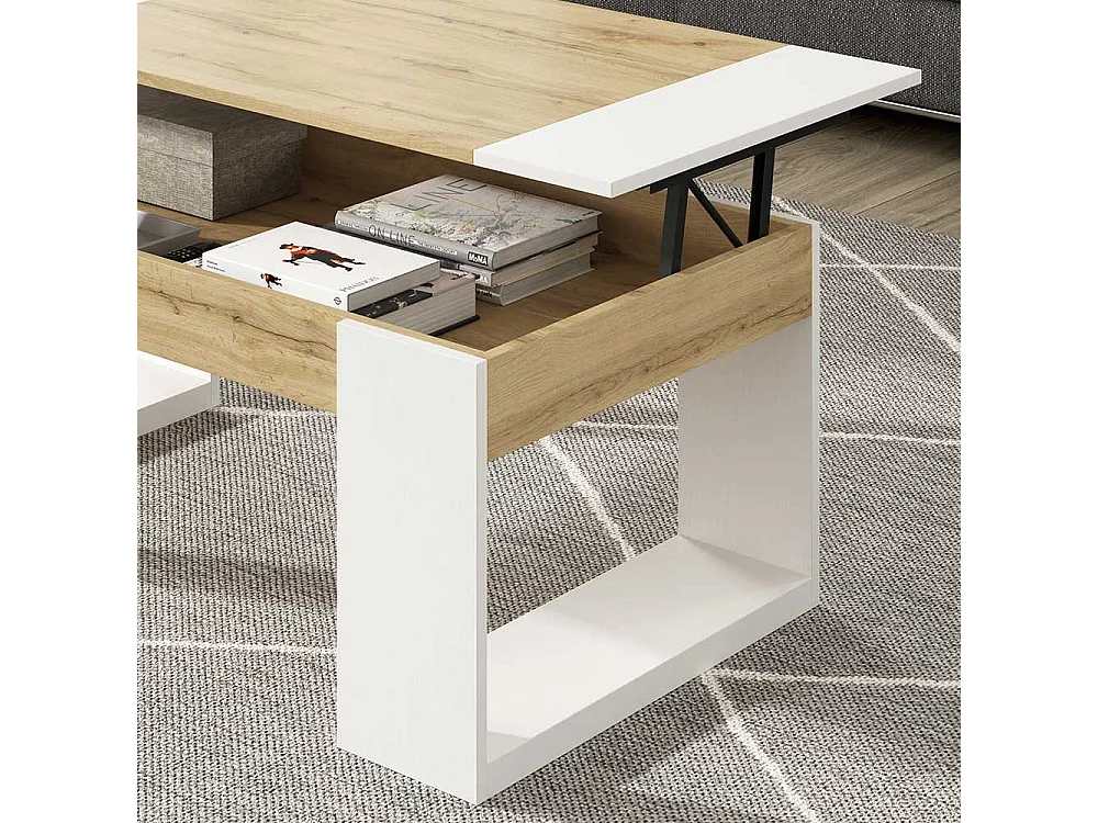 Sofa Tisch in Weiß und Wildeiche Optik hochklappbarer Tischplatte