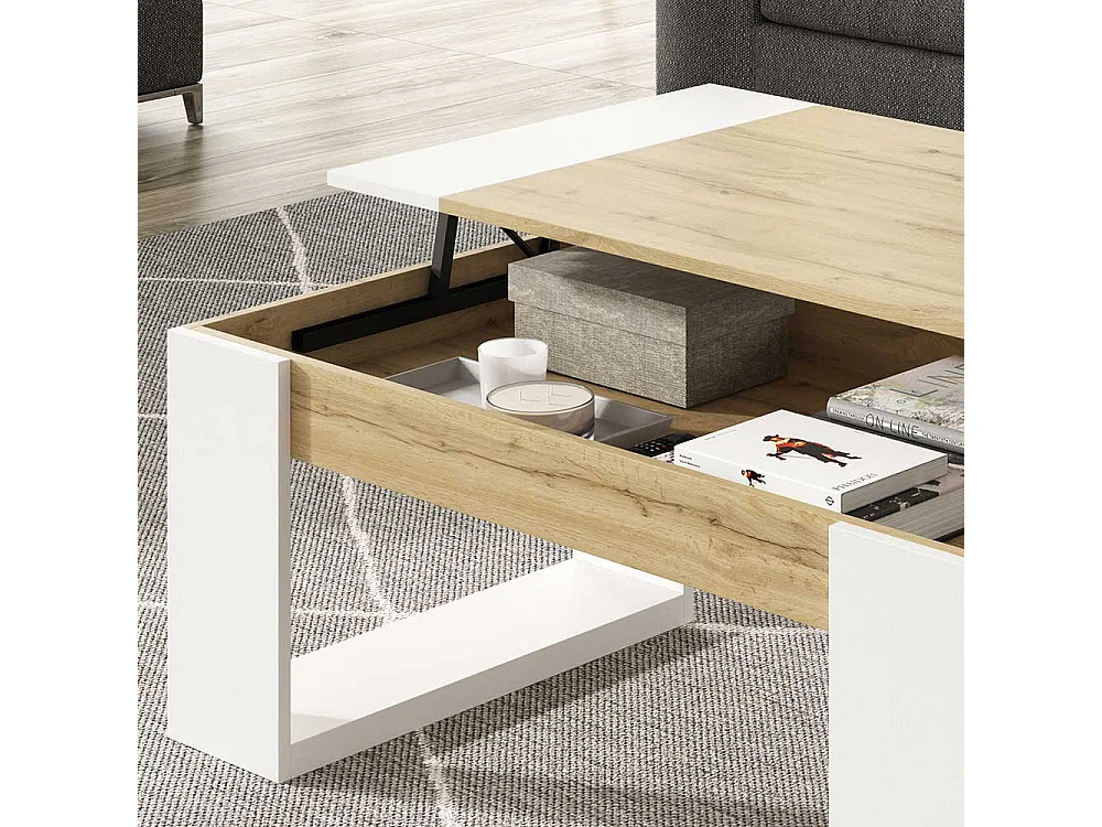 Sofa Tisch in Weiß und Wildeiche Optik hochklappbarer Tischplatte