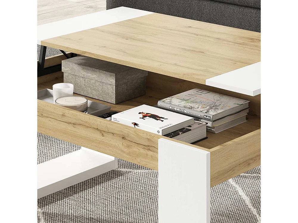 Sofa Tisch in Weiß und Wildeiche Optik hochklappbarer Tischplatte